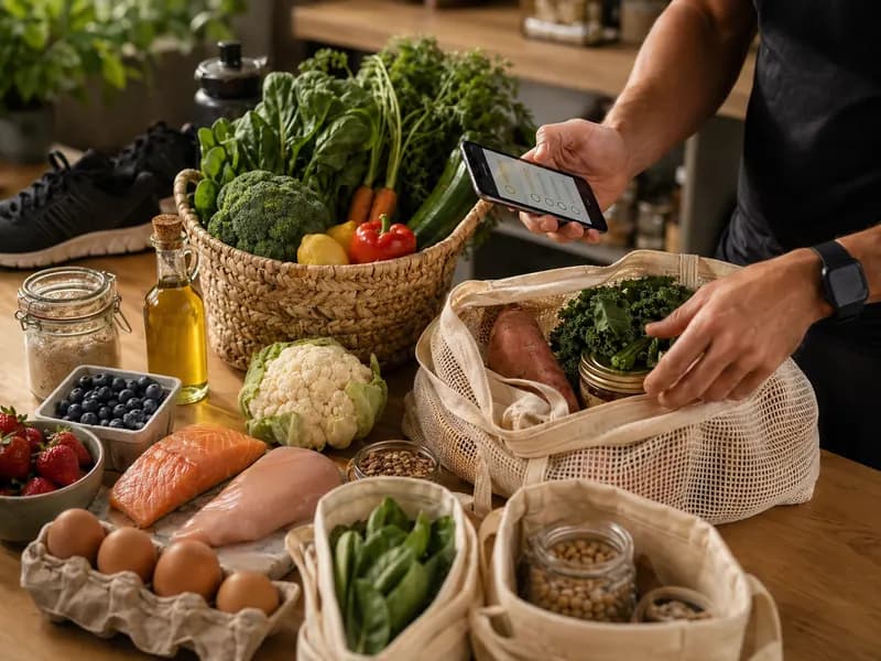Canasta de mercado con alimentos frescos para AUREO