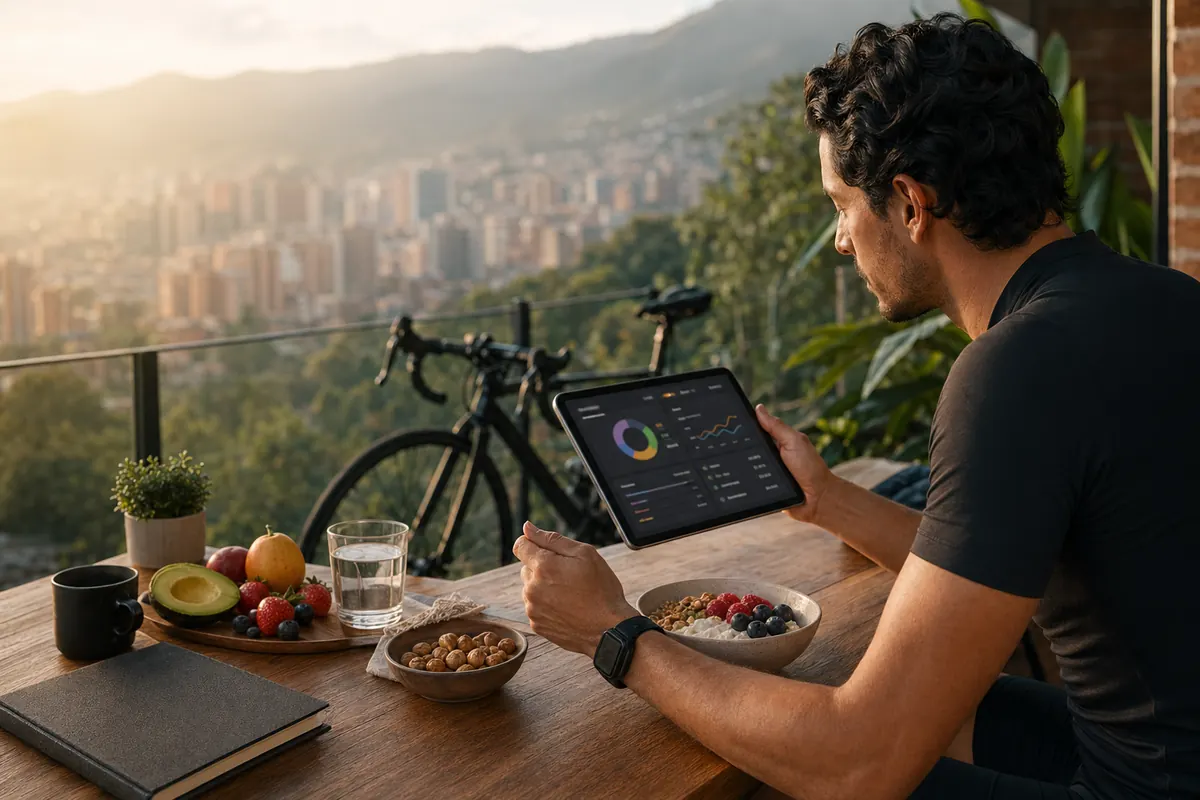 Ciclista revisando un plan AUREO con desayuno y wearable en una terraza
